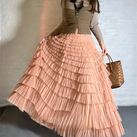 Women Pink Nude Tulle Maxi Skirt Outfit Tiered Maxi Tulle Skirts Custom Plus Size Layered Maxi Skirt Prom Maxi Skirt - Thumbnail 3