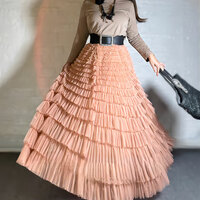 Women Pink Nude Tulle Maxi Skirt Outfit Tiered Maxi Tulle Skirts Custom Plus Size Layered Maxi Skirt Prom Maxi Skirt - Thumbnail 4