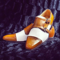 Handmade Men's Brown White Double Buckle Strap Monk Strap Shoes - Thumbnail 1