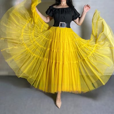 Yellow tiered long tulle skirt outfit women elastic full tulle skirt wedding party skirt plus size mesh skirt - Thumbnail 1