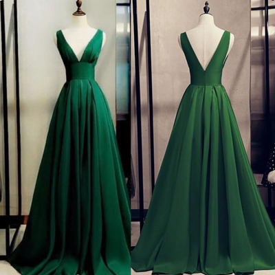 Green prom dresses v neck long gown - Thumbnail 1