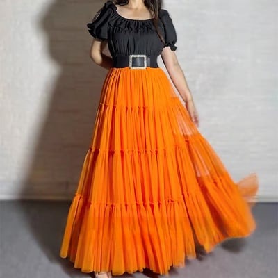 Women layered tulle maxi skirt outfit orange color tiered tulle skirt outfit wedding party skirt plus size mesh skirt - Thumbnail 1