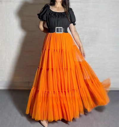 Women Layered Tulle Maxi Skirt Outfit Orange Color Tiered Tulle Skirt Outfit Wedding Party Skirt Plus Size Mesh Skirt