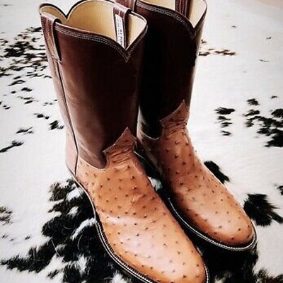 Handmade pure brown leather & ostrich tan cowboy boots for men's