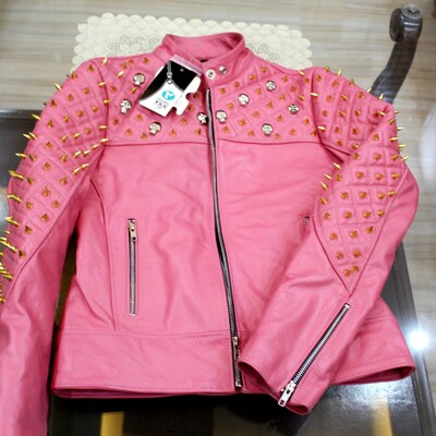 Crafted leather women pink quilted gold studded skeletons genuine leather jacket