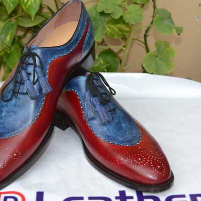 Crafted leather bespoke handmade classic blue patina and red calf unique oxford style lace up dress wedding shoes - Thumbnail 4