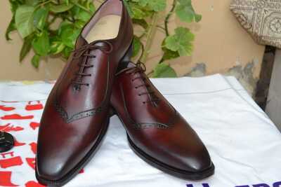 Crafted Leather Handmade Men Bordeaux Calf Leather Wingtip Oxford Lace up Dress Shoes