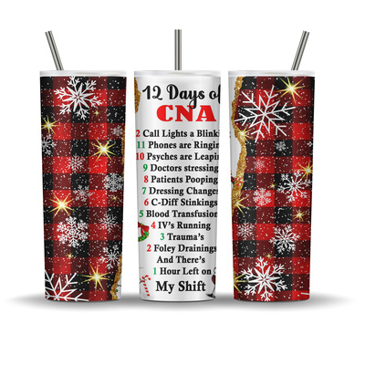 Twelve days of cna christmas themed 20 oz tumbler - snowflakes, ornaments