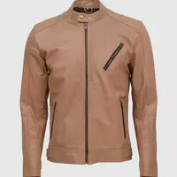 BEIGE LEATHER BIKER JACKET - Thumbnail 3