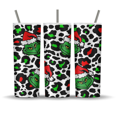Grinch in santa hat on leopard print 20 oz tumbler