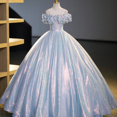 Shiny tulle sequins long a-line ball gown - Thumbnail 1