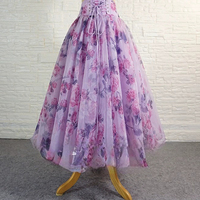 Women Floral Tulle Midi Skirt Outfit Holiday Tulle Skirt Blue Flower Tulle Midi Skirts Custom Plus Size - Thumbnail 3