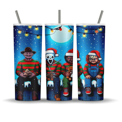 Horror icons wearing santa hats - chucky, ghostface, freddy - 20 oz tumbler