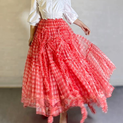 Women red plaid long tulle skirts high waisted tiered tulle skirt holiday outfit custom plus size - Thumbnail 1