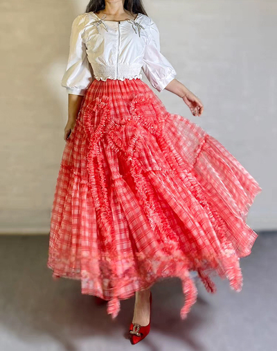 Women Red Plaid Long Tulle Skirts High Waisted Tiered Tulle Skirt Holiday Outfit Custom Plus Size