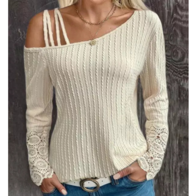 Elegant temperament women's lace spliced off shoulder shirt - Thumbnail 1