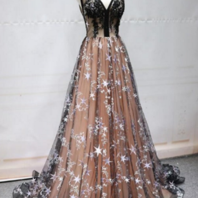 Champagne v neckline tulle party dress, a line bridesmaid dress kpp1634