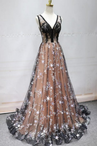 Champagne V Neckline Tulle Party Dress, A Line Bridesmaid Dress KPP1634