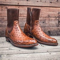 Handmade Pure Brown Ostrich Leather Zipper Ankle Boots For Men's - Thumbnail 1