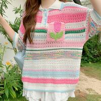 Tulip Hollow out Crochet Knit Polo Shirt - Thumbnail 3