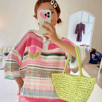 Tulip Hollow out Crochet Knit Polo Shirt - Thumbnail 1