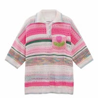 Tulip Hollow out Crochet Knit Polo Shirt - Thumbnail 4