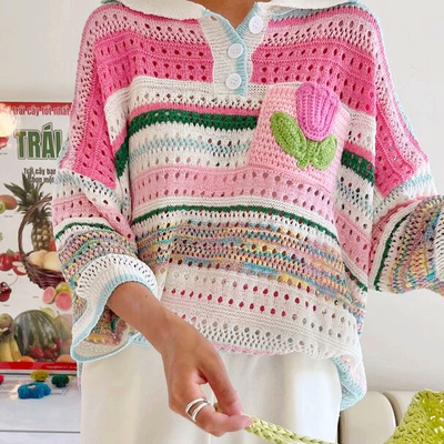 Tulip hollow out crochet knit polo shirt - Thumbnail 1