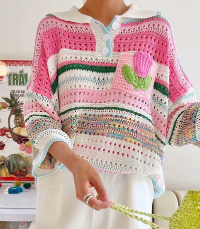 Tulip Hollow out Crochet Knit Polo Shirt