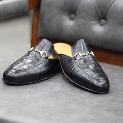 Handmade genuine alligator embossed leather mules for men's
