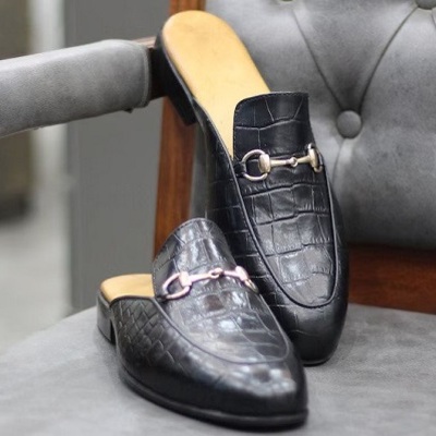 Handmade genuine alligator embossed leather mules for men's