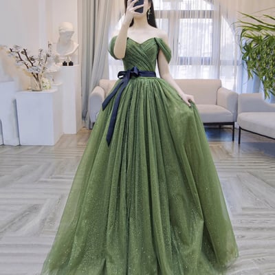 Beautiful green tulle off the shoulder floor length prom dress - Thumbnail 3
