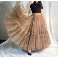 Women Polka Dot Tulle Maxi Skirt Outfit High Waisted Khaki Dotted Maxi Skirt Holiday Tulle Skirt Layered Tutu Skirt Custom Plus Size - Thumbnail 2