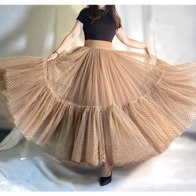 Women polka dot tulle maxi skirt outfit high waisted khaki dotted maxi skirt holiday tulle skirt layered tutu skirt custom plus size - Thumbnail 1