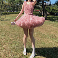 Women Girl Pink Nude Mini Tulle Puffy A-line Short Birthday Party Outfit High Waisted Sparkly Layered Tulle Tutu Skirt - Thumbnail 6