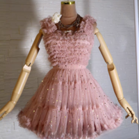 Women Girl Pink Nude Mini Tulle Puffy A-line Short Birthday Party Outfit High Waisted Sparkly Layered Tulle Tutu Skirt - Thumbnail 2