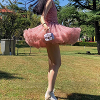 Women Girl Pink Nude Mini Tulle Puffy A-line Short Birthday Party Outfit High Waisted Sparkly Layered Tulle Tutu Skirt - Thumbnail 4