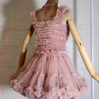 Women Girl Pink Nude Mini Tulle Puffy A-line Short Birthday Party Outfit High Waisted Sparkly Layered Tulle Tutu Skirt - Thumbnail 3