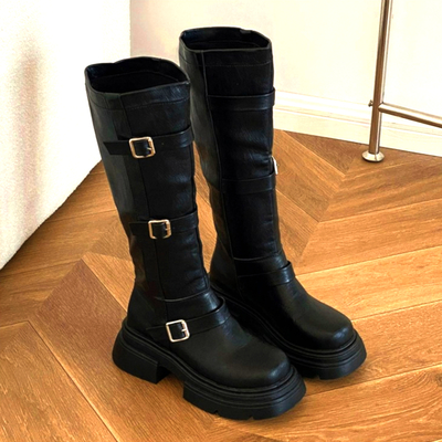 Stunning england bike leather buckle thick platform block heels boots party dance gothic girlystyle amazing