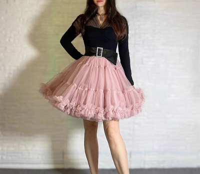 Women Pink Nude Puffy Tutu Skirt Outfit  A-line Mini Tulle Skirt Party Skirt Outfit Mini Layered Tulle Tutu Skirt