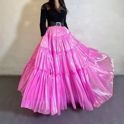 Fuchsia layered party skirt outfit glossy satin maxi skirt holiday outfit layered full circle ball gown plus size
