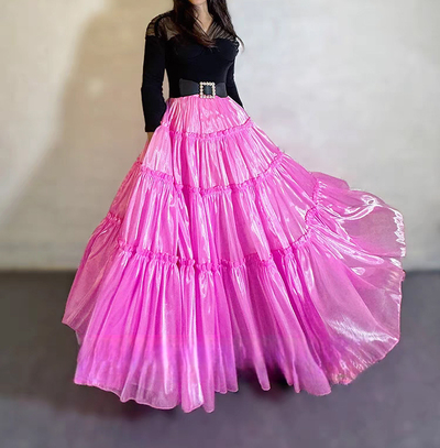 Fuchsia Layered Party Skirt Outfit Glossy Satin Maxi Skirt Holiday Outfit Layered Full Circle Ball Gown Plus Size