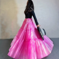 Fuchsia Layered Party Skirt Outfit Glossy Satin Maxi Skirt Holiday Outfit Layered Full Circle Ball Gown Plus Size - Thumbnail 5