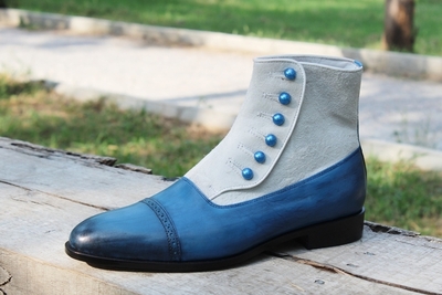 Crafted Leather Handmade Blue Leather & White Suede Button Dress Boots, Men Ankle High Fashion Boot