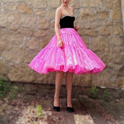 Fuchsia tiered midi skirt holiday skirt glossy satin skirt outfit layered full circle ball gown plus size