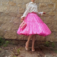 Fuchsia Tiered Midi Skirt Holiday Skirt Glossy Satin Skirt Outfit Layered Full Circle Ball Gown Plus Size - Thumbnail 1