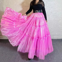 Fuchsia Tiered Midi Skirt Holiday Skirt Glossy Satin Skirt Outfit Layered Full Circle Ball Gown Plus Size - Thumbnail 8