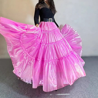 Fuchsia Tiered Midi Skirt Holiday Skirt Glossy Satin Skirt Outfit Layered Full Circle Ball Gown Plus Size - Thumbnail 7