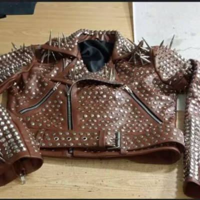 New handmade womens adorable punk style silver studded long spiked leather brando jacket - Thumbnail 1