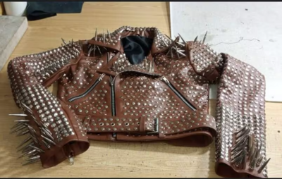 New Handmade Womens Adorable Punk Style Silver Studded Long Spiked Leather Brando Jacket
