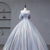 Blue Tulle Sequins Long A-Line Ball Gown - Thumbnail 3